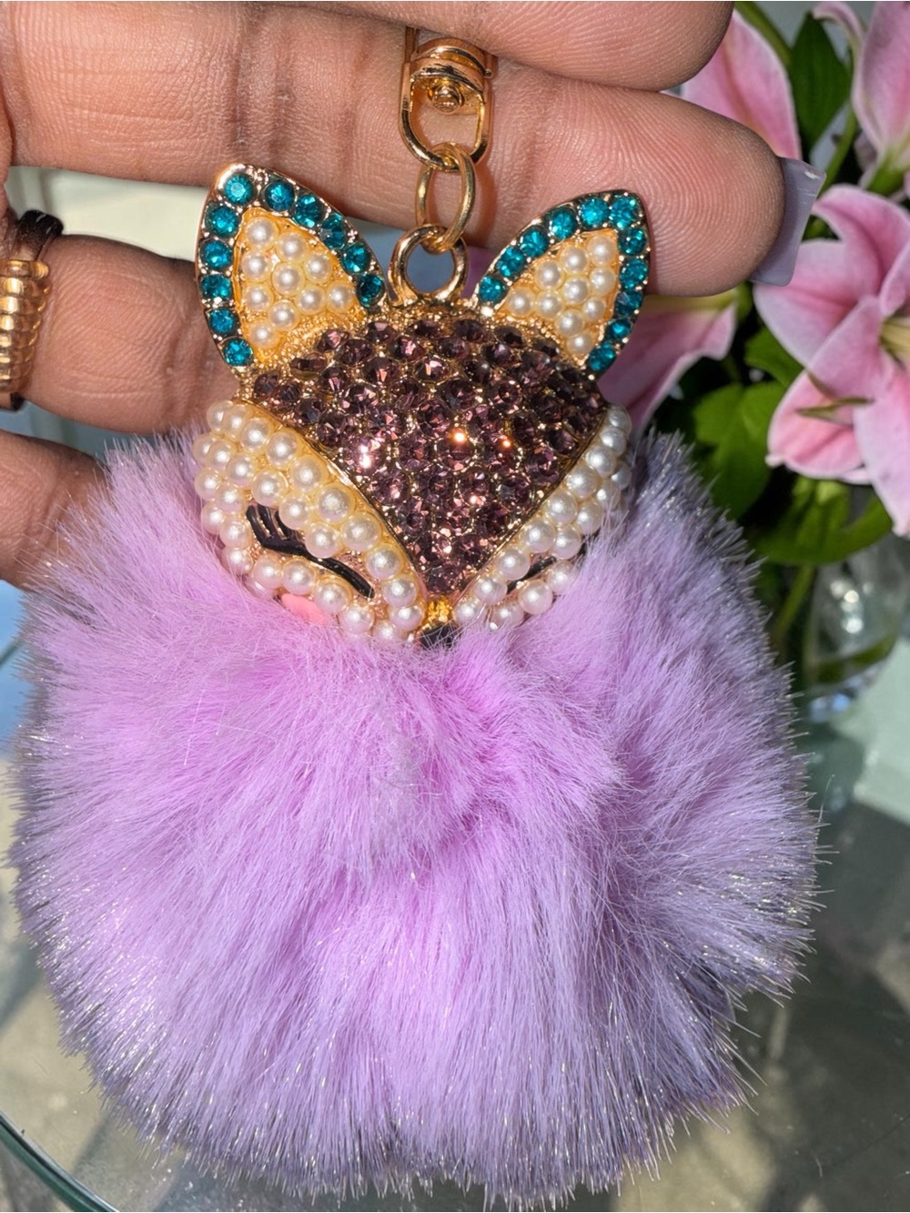 One (1) Sparkling Sleeping Fox Pom Keychain Pink, Lavender, or Hot Pink - Picture 5 of 5